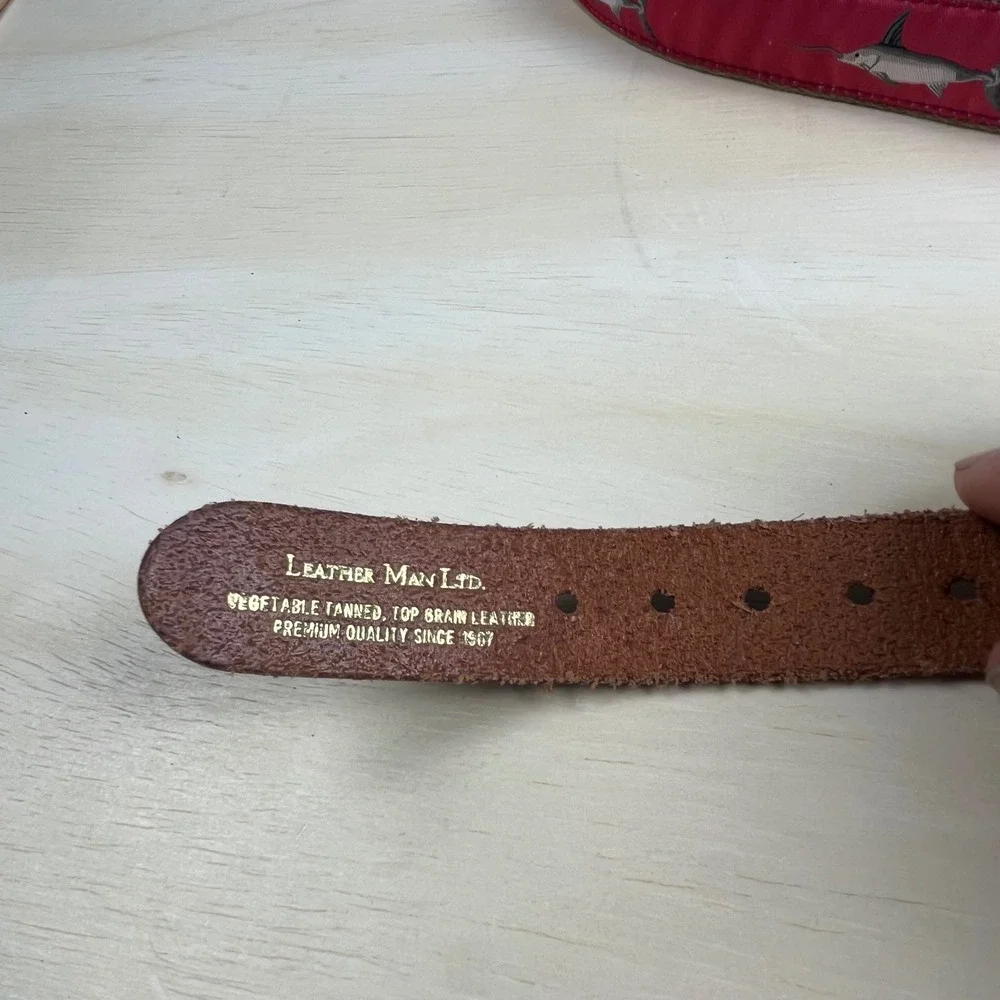 Leather Man Ltd Mens Red Swordfish Marlin Surcingle Belt Leather Brass Size 42